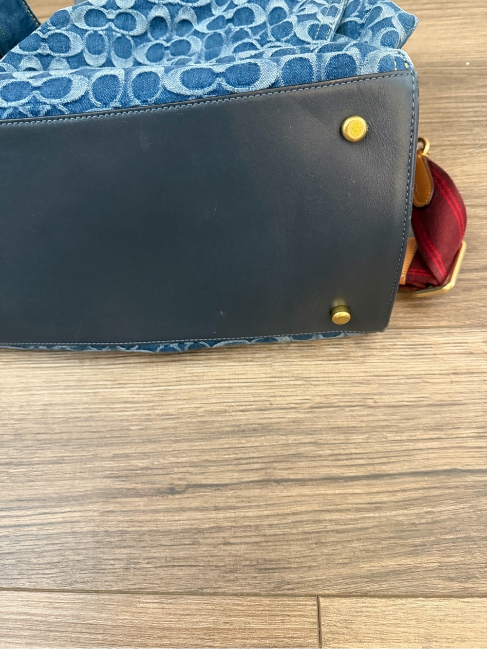 Coach Signature Denim XL Field Tote with Burgundy Strap, OS, EUC - Picture 3 of 4